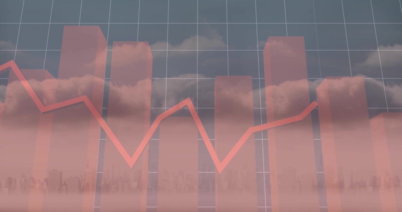 Animation of finacial data processing over cityscape