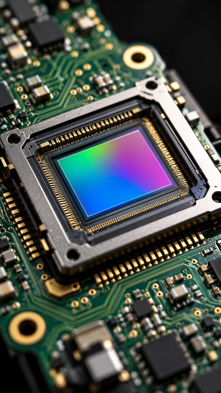 Una vista macro ravvicinata si sofferma sulla superficie colorata di un chip mentre le tonalità riflesse cambiano sottilmente dal verde e blu verso un magenta più brillante, rivelando sottili contatti dorati e dense tracce di circuito attorno alla cornice.