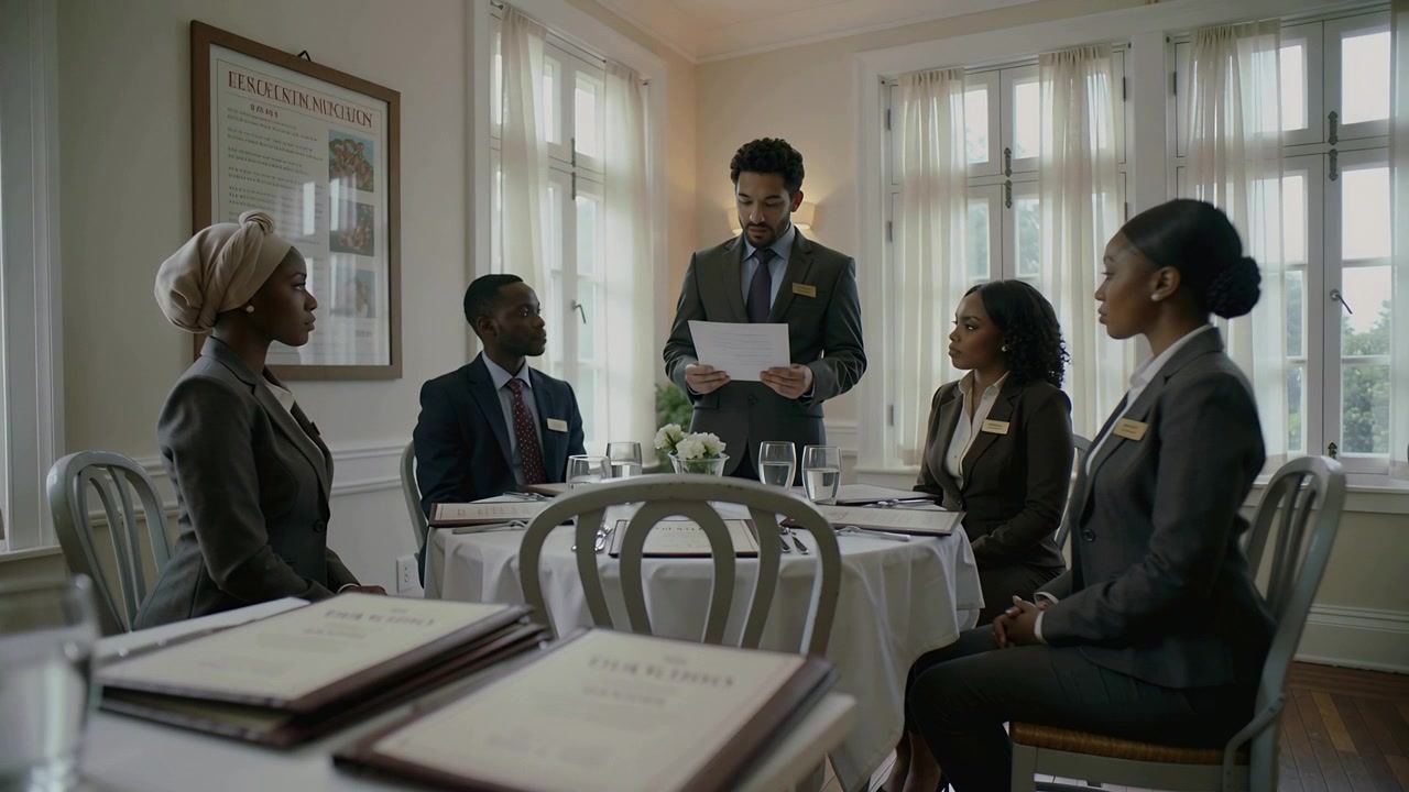 Reading man holding paper leading briefing in dining room at round table, wearing suits