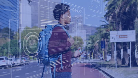 digital data interface animation over person walking in urban environment