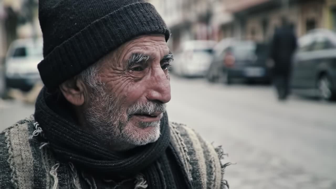 A charming elderly man wearing a knitted hat and a scarf sits on a bustling street. He gazes thoughtfully at passersby, surrounded by the vibrant atmosphere of the town.