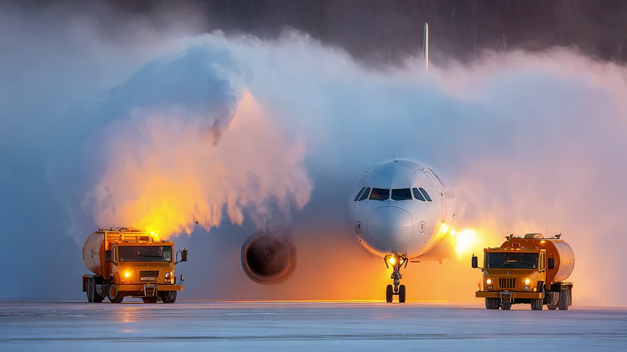 A snow-covered runway showcases a powerful scene as a large airplane is surrounded by plumes of steam and snow, serviced by two bright, active snow-removal vehicles in the early morning light
