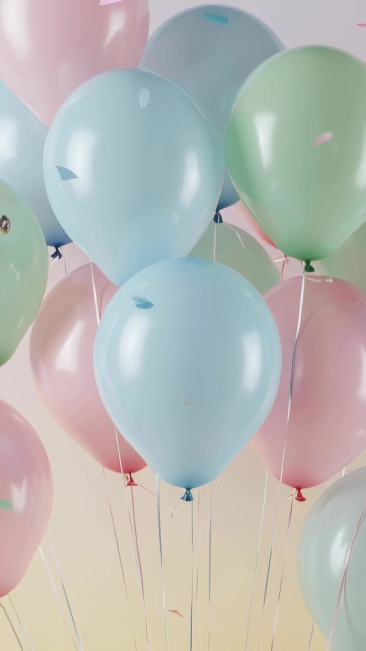 Video verticale: Palloncini sollevati dall'elio che fluttuano in studio, sfera di alluminio, fili, coriandoli che cadono.
