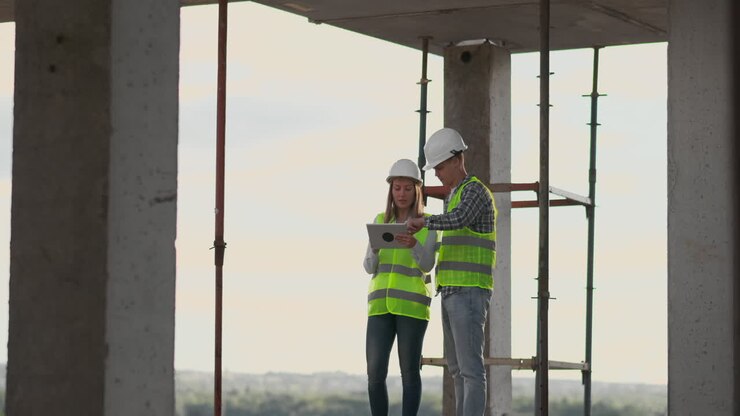 El equipo del sitio de construcción o el arquitecto y el constructor o el trabajador con cascos discuten sobre un plan de construcción de andamios o un anteproyecto o una lista de verificación