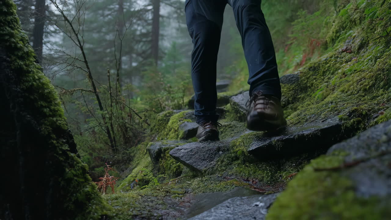 Person walking on a mossy forest path
