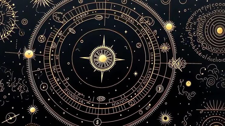 Vista dall'alto di un design complesso a tema celeste con simboli zodiacali