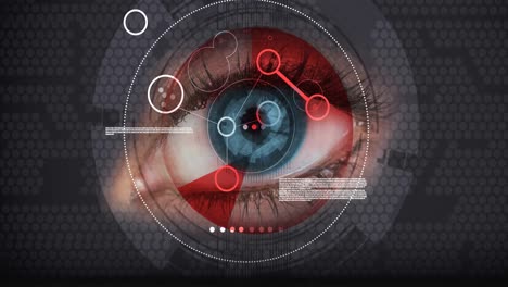 digital interface with data processing over close up of female eye against black background