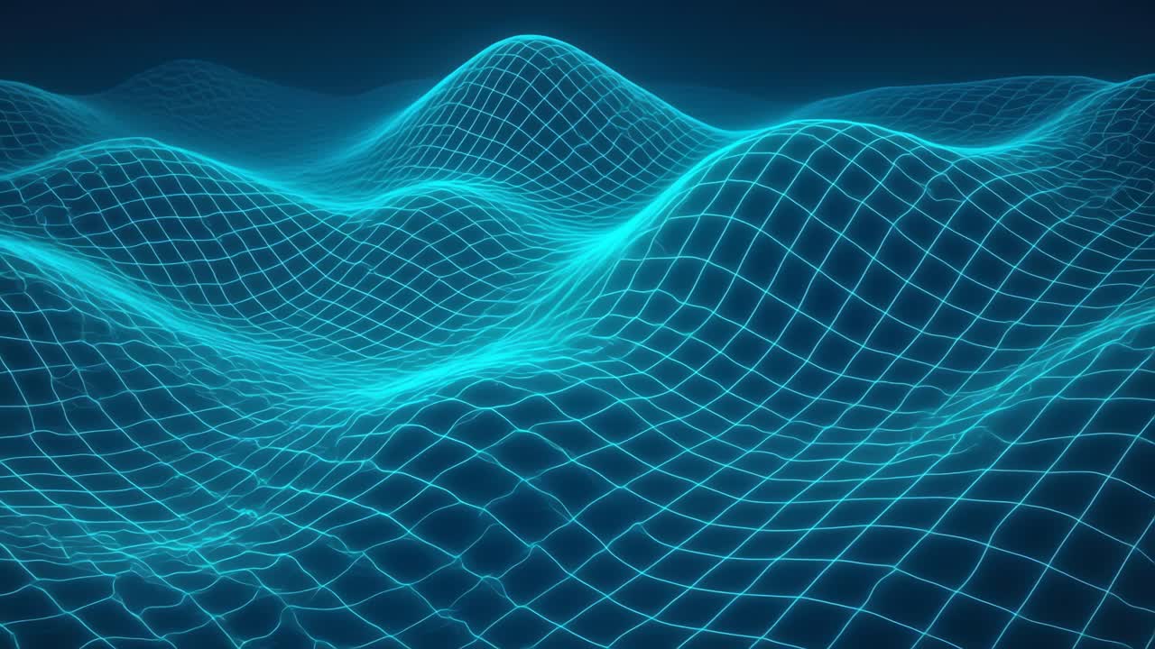 Futuristic digital landscape with glowing grid waves