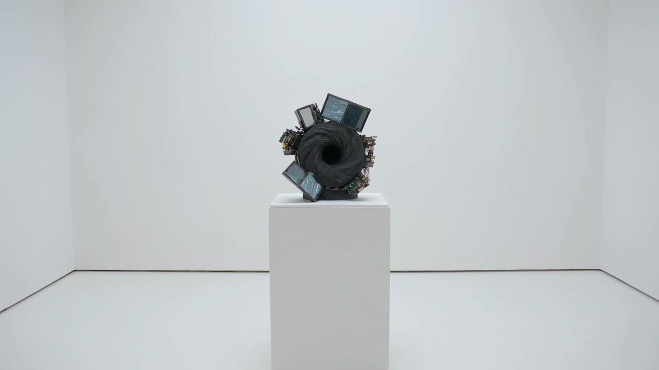 Langsomt zoomende kamera afslører mørk torus-skulptur på hvid gallerisokkel for at vise skærme.
