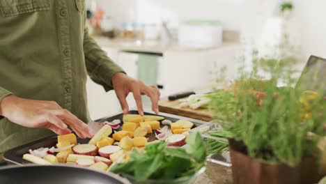 video of midsection of biracial woman preparing meal