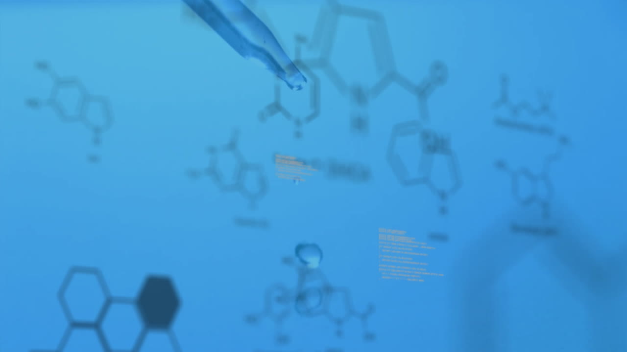 Animation of data processing and chemical formula over waterdrop