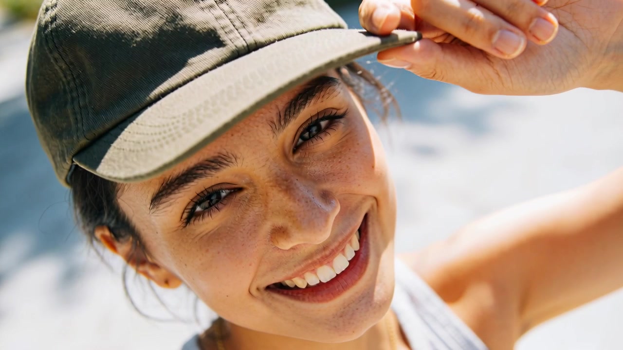 Donna adulta sorridente che nota la telecamera iniziare a registrare, sistemandosi la visiera del cappellino, in canotta su un sentiero.