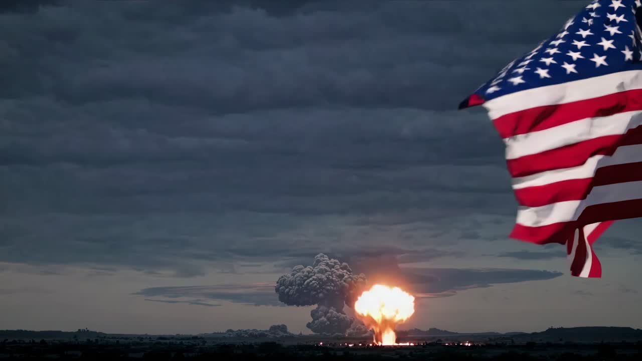 United States flag waving in the foreground with atomic bomb exploding in the background, creating a dramatic and symbolic image of military power and global conflict