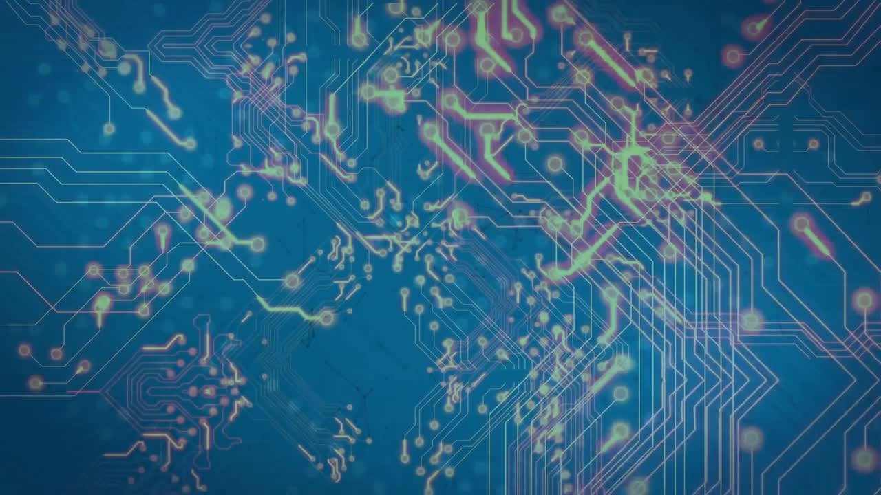 파란색 배경의 복사 공간에 대한 마이크로프로세서 연결의 애니메이션