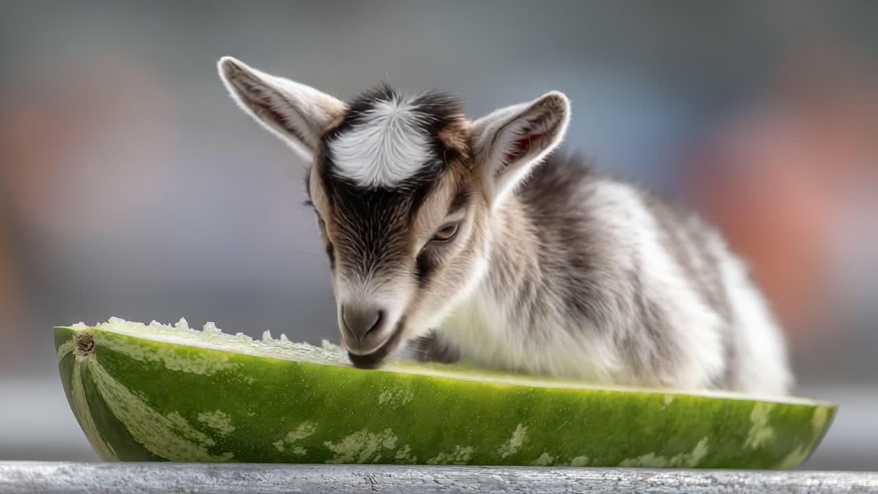 A Cute Kid Goat Enjoying a Refreshing Slice of Watermelon, Captured in Two Enchanting Frames, Showcasing Its Playful Nature and Innocent Charm