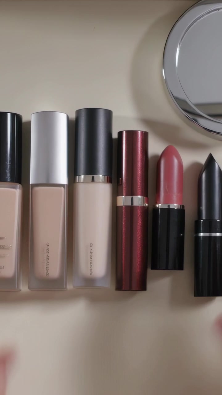 Vertical video: Entering hands aligning foundation and lipstick trios on beige top forming neat row
