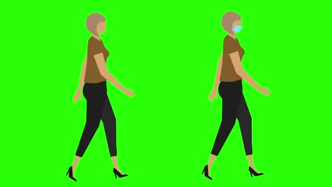 women walking cycle seamless loop , face mask version, green screen chroma key animation, flat design