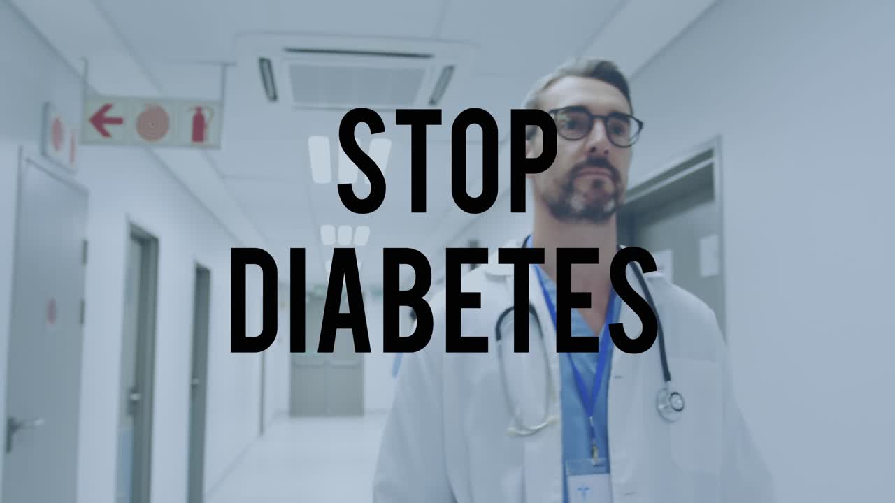 Animazione del testo "Stop diabete" su medico maschio caucasico.