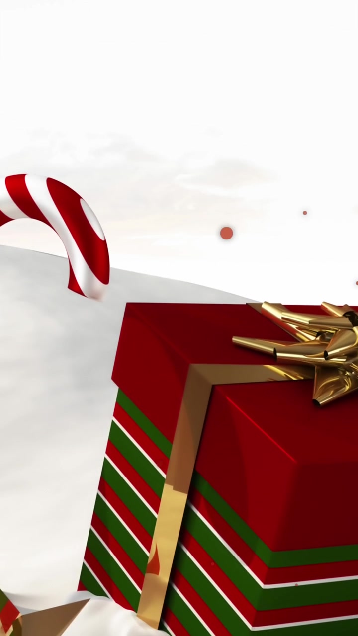 Animação de janela e árvore de Natal sobre bengalas doces e presente em paisagem de inverno.