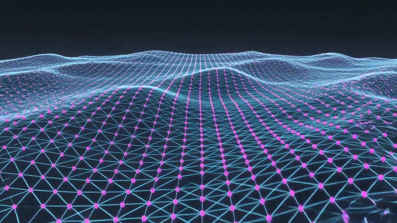 Shifting frames initiating neon mesh grid undulating to horizon, pulsing magenta nodes cyan lines