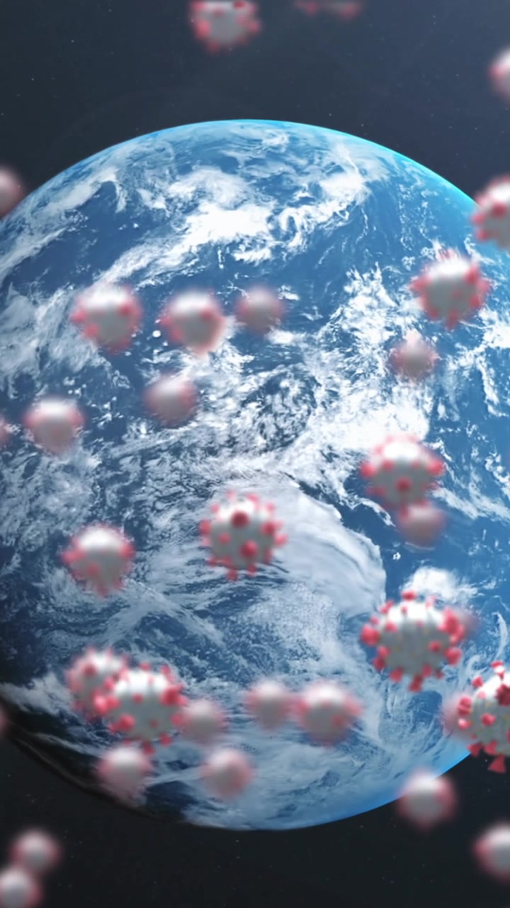 Animazione di cellule di COVID-19 che fluttuano sul pianeta Terra