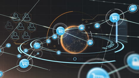 network of digital icons against spinning globe and data processing on black background