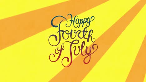 Animation-of-4th-of-july-day-text-over-yellow-stripes-spinning