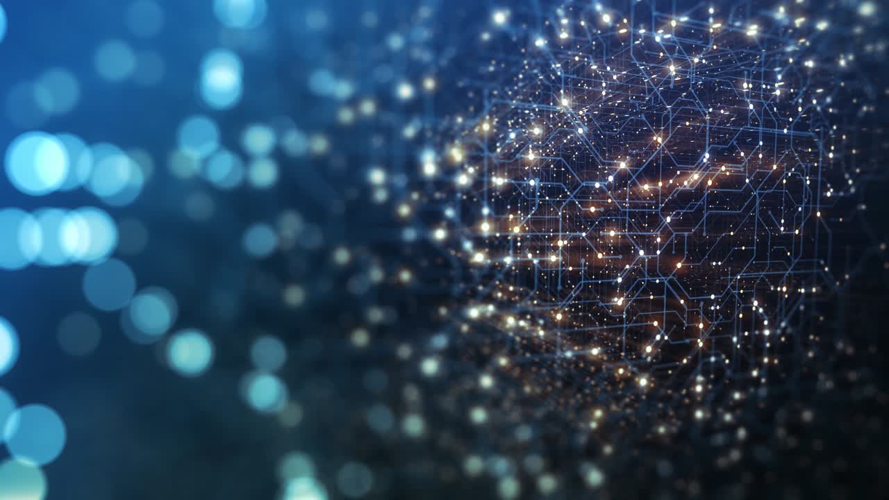 Abstract tech background made of printed circuit board. Depth of field effect and bokeh. internet connections, cloud computing and neural network, big data. 3D render, 4K seamless loop