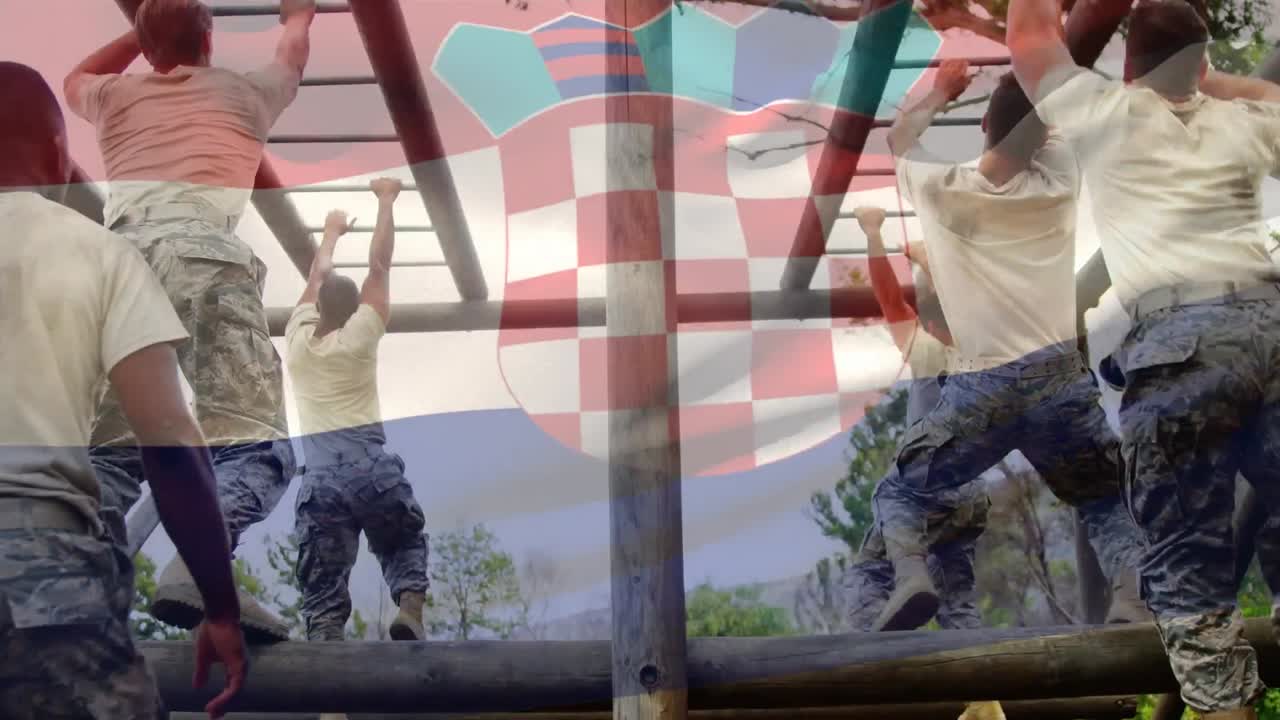 크로아티아 국기가 원이 막대기 위에서 운동하는 군인 위에 흔들리는 애니메이션