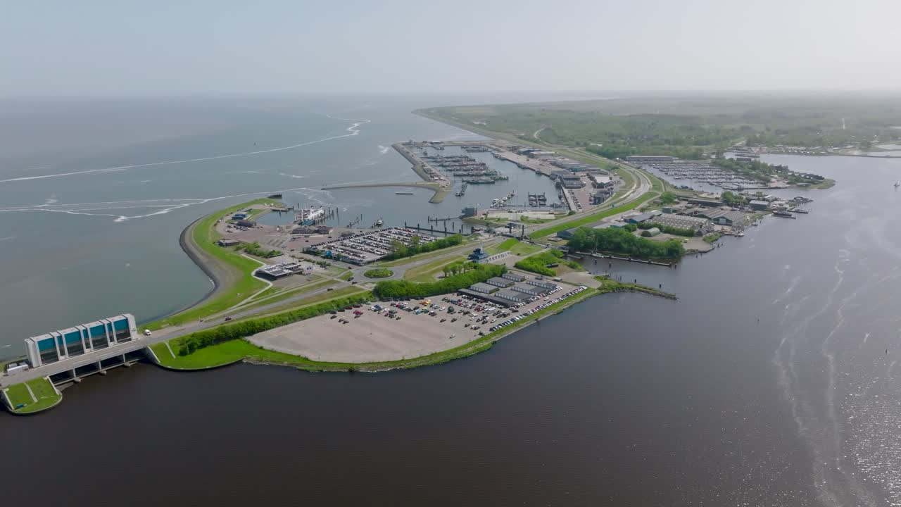Aerial wide view of the Dutch harbour of Lauwersoog on a sunny day. netherlands