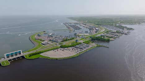 aerial wide view of the dutch harbour of lauwersoog on a sunny day. netherlands