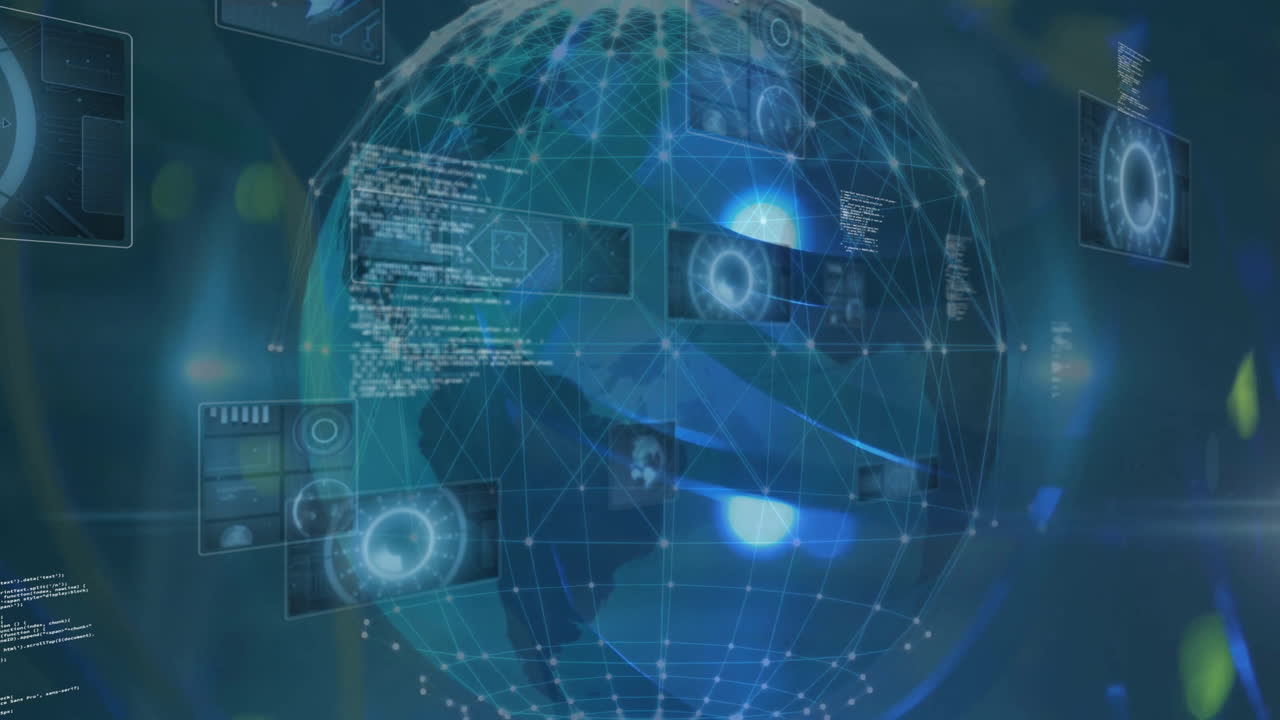 Animation of digital data processing and globe over dark background