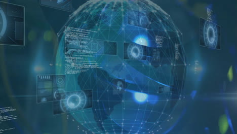 animation of digital data processing and globe over dark background