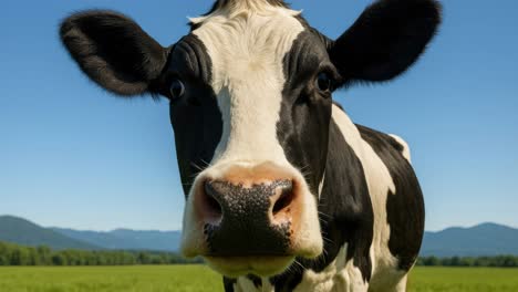 close-up, low-angle shot of a curious cow in a green field with mountains in the background