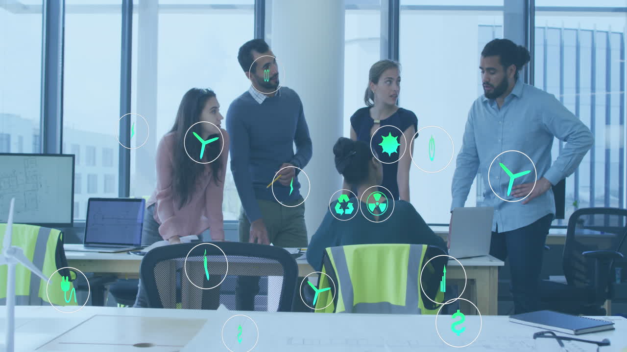 Animation of icon in circles over diverse architects sharing thoughts about floor plan on blueprint