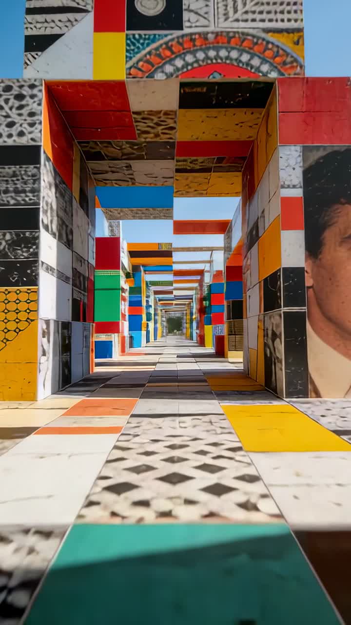 Vídeo vertical: Câmera deslizando baixa e para frente através dos arcos da praça, revelando azulejos, retrato de pessoa de terno