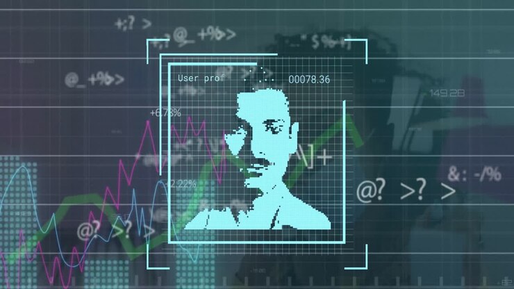Animation of data processing with people portraits over african american woman