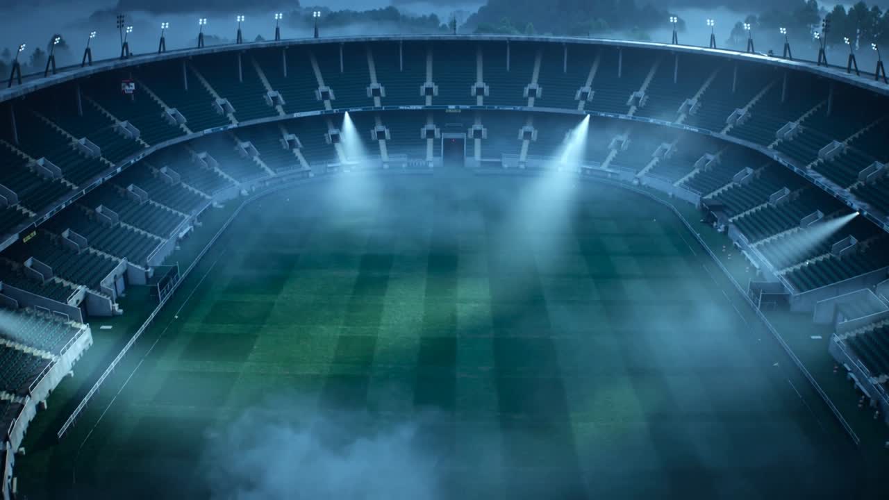 Mostra il catino dello stadio con strisce falciate, spalti vuoti sotto due riflettori di notte, nebbia che si sposta