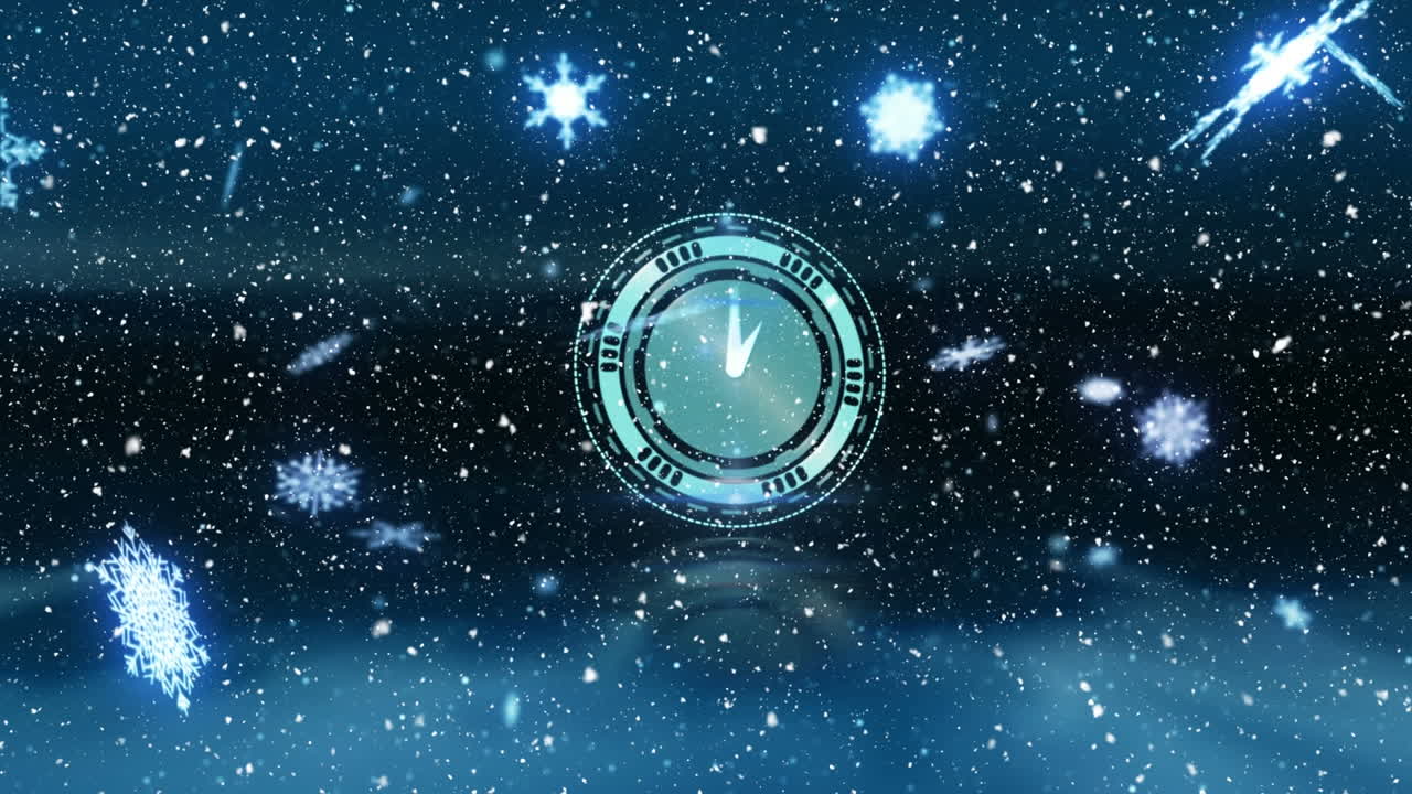 Orologio digitale al neon che ticchetta su fiocchi di neve e neve che cade su sfondo blu.