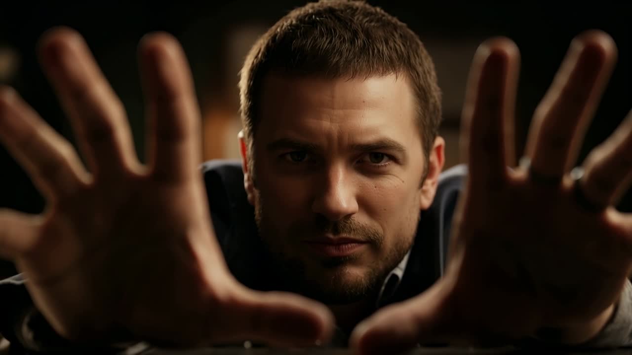 Leaning man in collared jacket holding ringed palms framing face in dim room, responding to camera