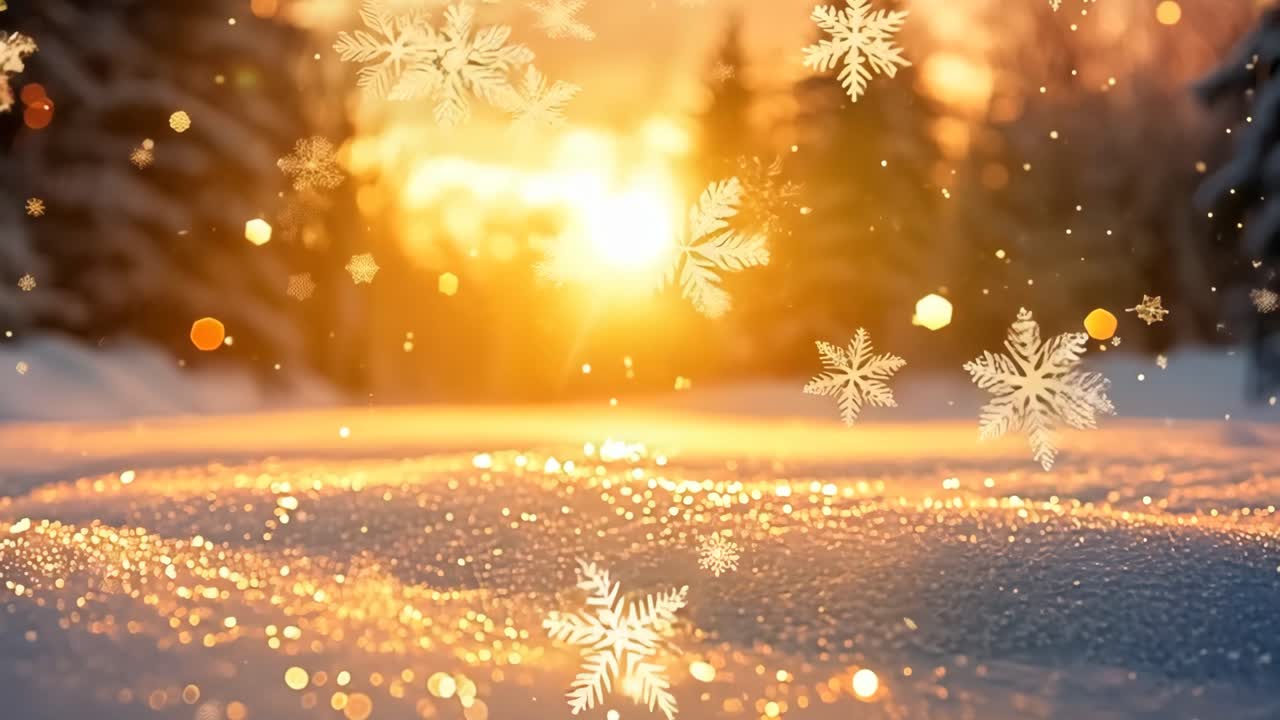 A snowy landscape with a bright sun in the background. The sun is shining through the trees, creating a warm and inviting atmosphere. The snow is sparkling and glistening