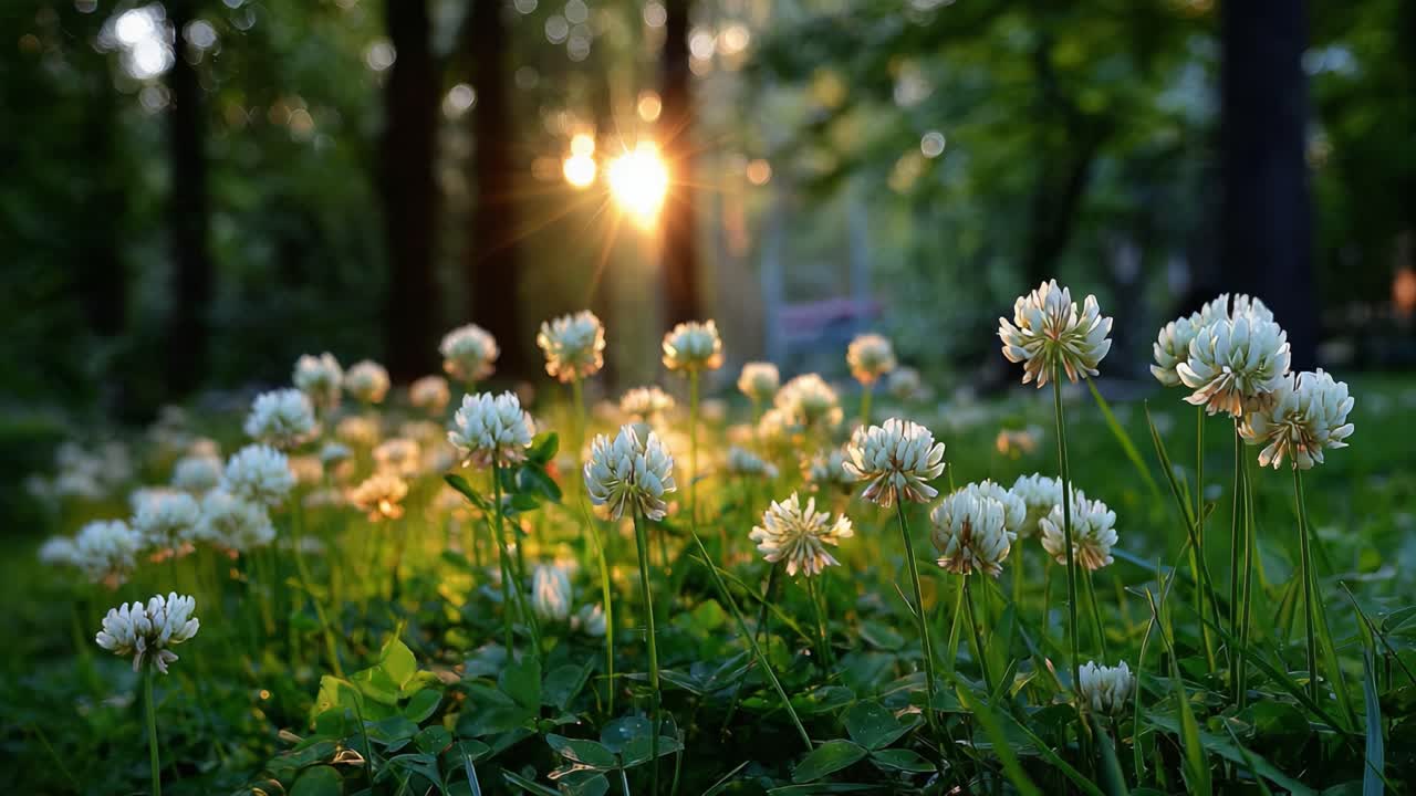 A Beautiful Sunset Illuminates a Field of White Clover Flowers, Creating a Magical Atmosphere in a Lush Green Forest Setting