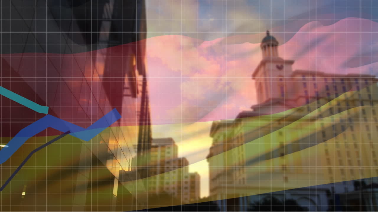 анимация синей диаграммы, обработка данных и флаг германии над городом