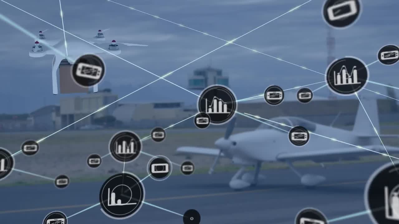 공항을 통한 패키지와 함께 드론을 통한 연결 네트워크의 애니메이션