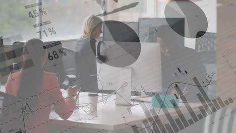 animation of financial data processing over diverse colleagues working in office