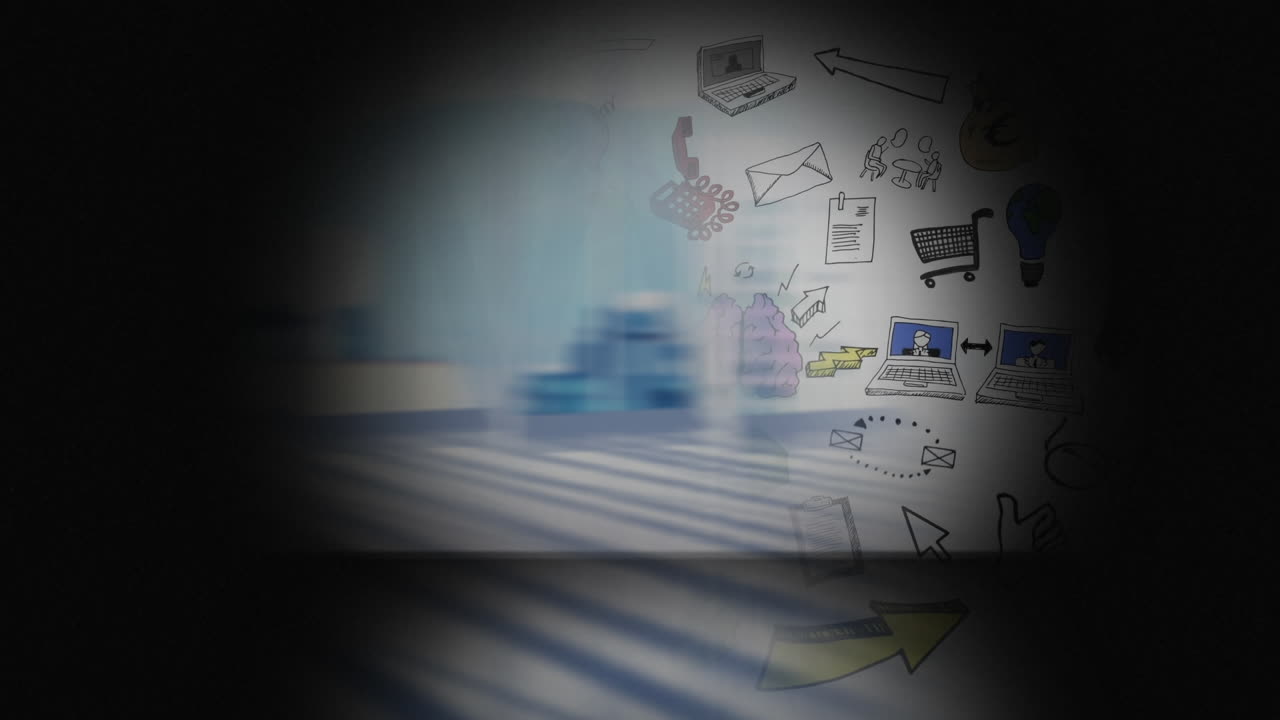 animación de símbolos de computadora e internet dibujados a mano vistos a través de un agujero en un fondo negro