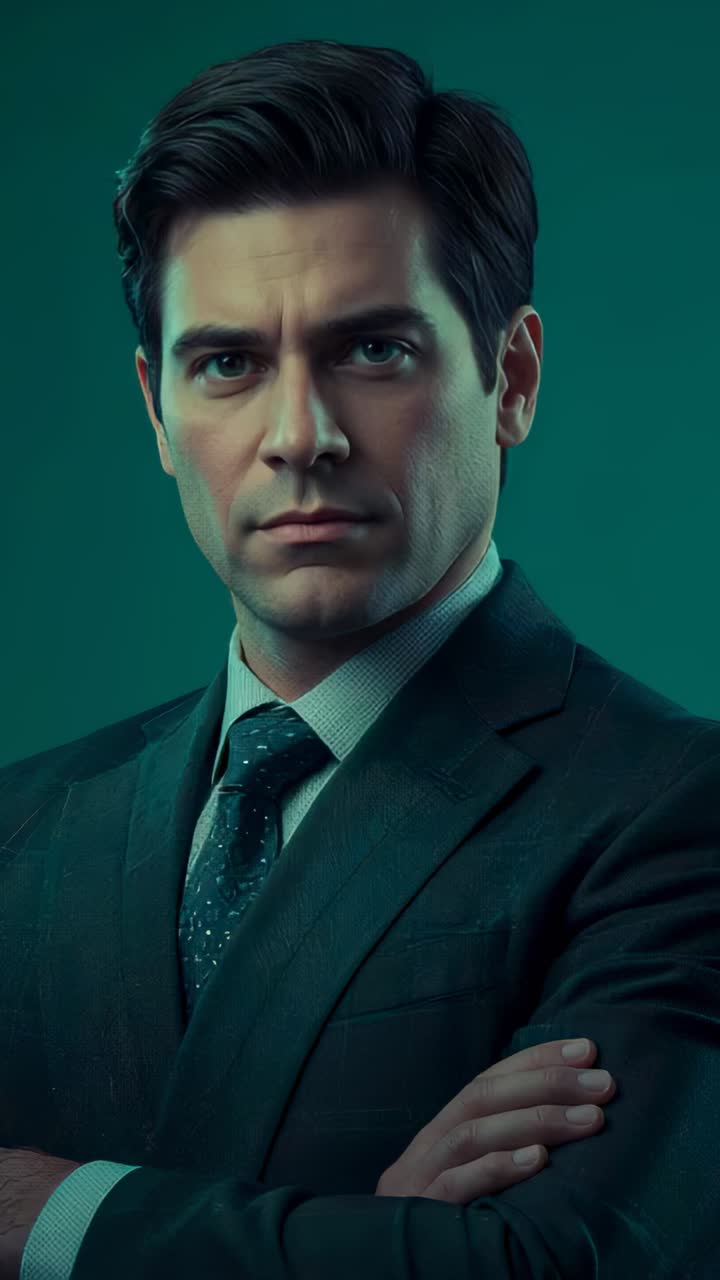 Vertical video: Light shifting causing man in suit tensing jaw, tilting head in studio with tie