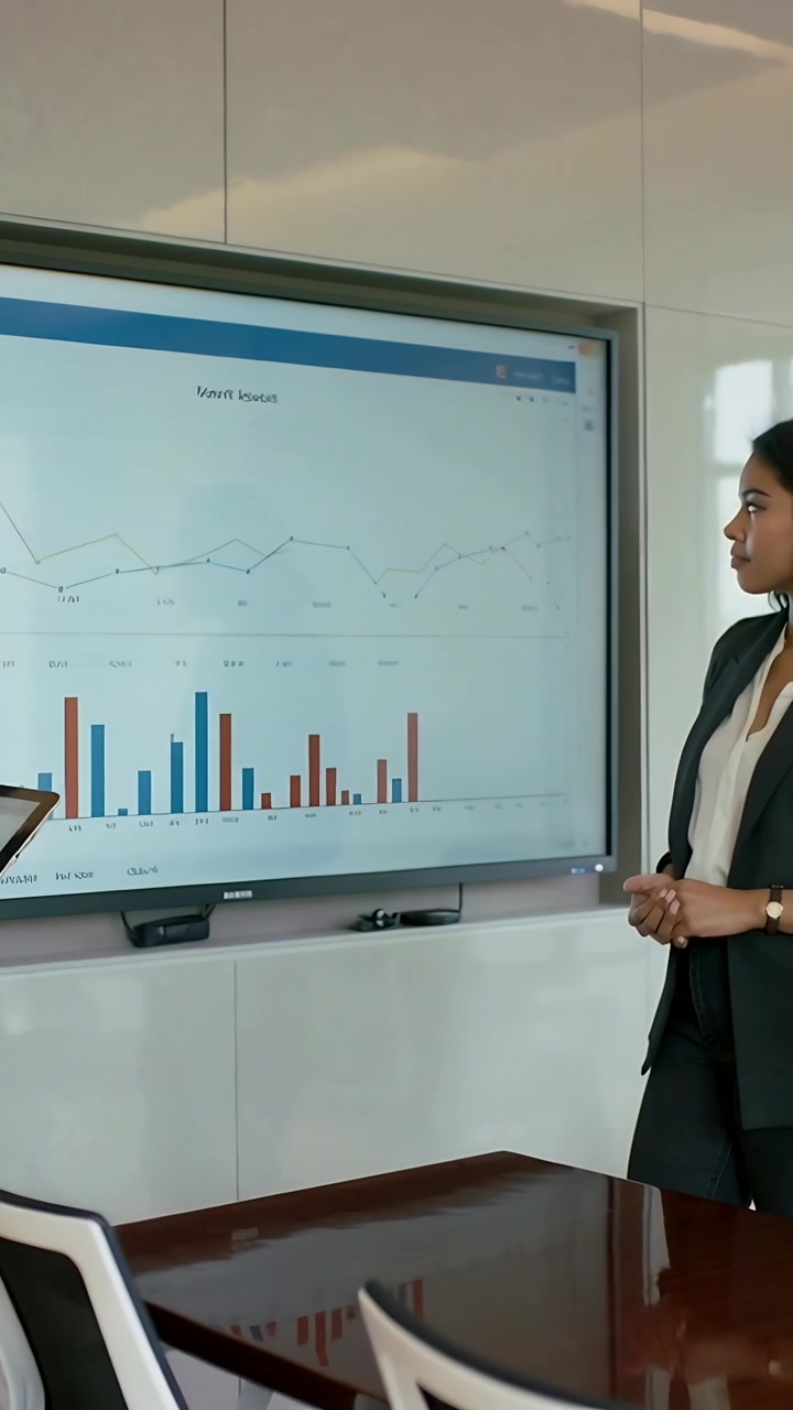 Video verticale: Donna in tailleur di fronte che guarda uno schermo in ufficio mentre un collega parla per visualizzare i dati, con spazio per il testo.