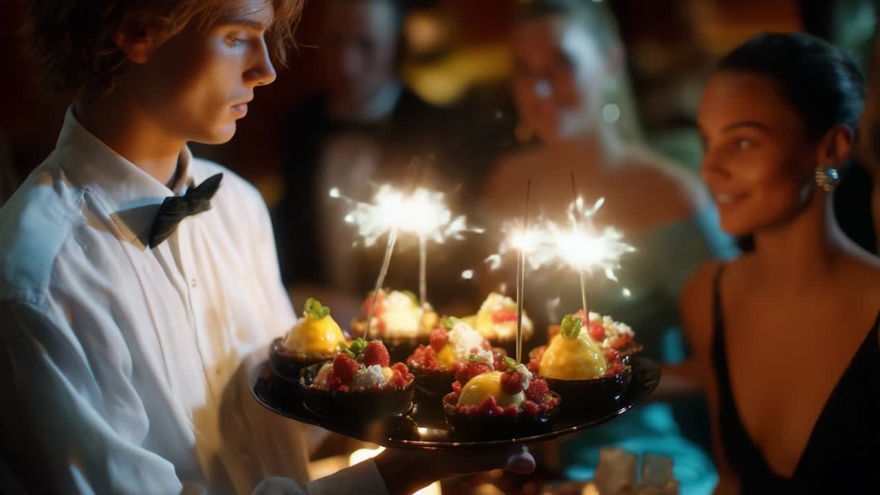 Stilfuld servering af elegante desserter med stjernekastere, perfekt til festlige lejligheder, der fanger den glædelige atmosfære af en særlig begivenhed i luksuriøse omgivelser