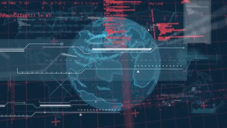 digital interface with data processing over spinning globe and data processing on blue background